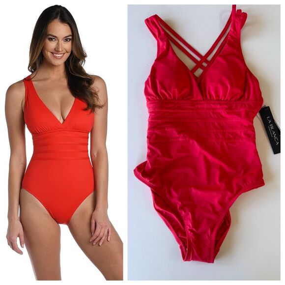 La Blanca Island Goddess Multi-Strap Cross Back One Piece Swimsuit in Cherry Red - Picture 1 of 13